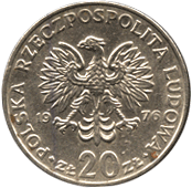 аверс 20 злот Польша 1976 год