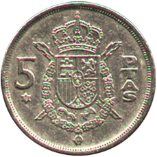 аверс 5 песет 1975 год Испания